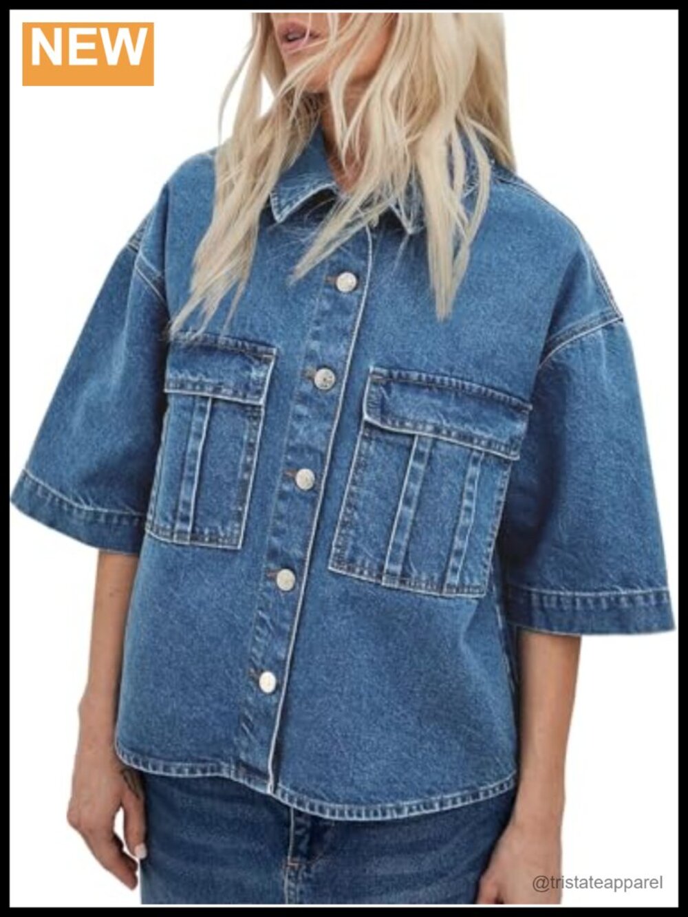 Oversized Short Sleeve Denim Jacket Cropped Button Down Jean Top